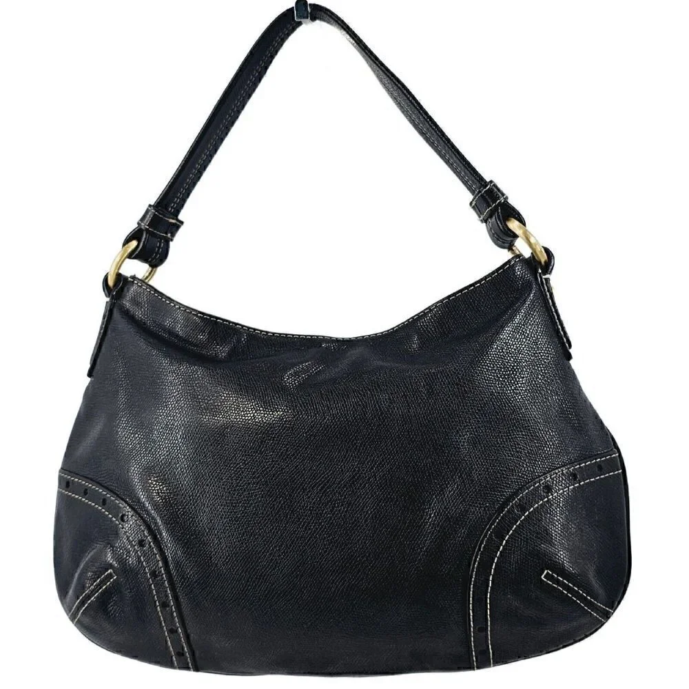 TALBOTS Black Glazed Textured Leather Hobo Shoulder Bag Silver Hardware Tassel